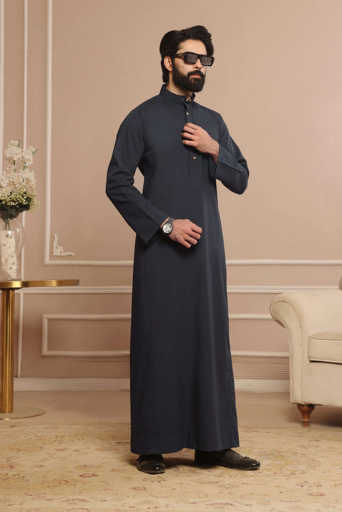 Saudi Collar Thobe - Round Collar with hems