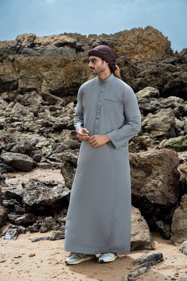 Gray Saudi Collar Thobe - Round Collar with hems