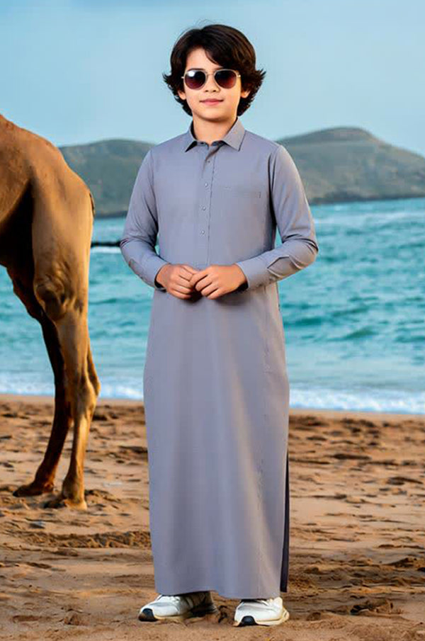 Silver Gray Saudi Shirt Collar Thobe - Kids