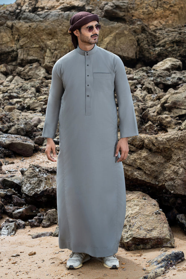 Gray Saudi Collar Thobe - Round Collar with hems