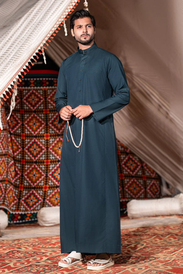 Dark Emerald Green Saudi Collar Thobe - Round Collar with hems